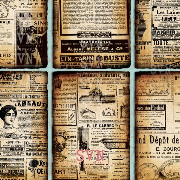 Vintage Französisch Zeitungsanzeigen - 9 druckbare ATC Karten Digital Collage Sheet - Ideal für Scrapbooking