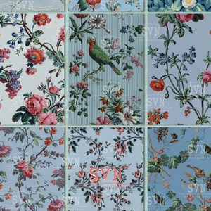 Floral & Sky Blue wallpaper - Vintage Style - 9 verschillende ontwerpen - 1 vel afdrukbare ATC Card - voor postals, gift tags, scrapbooking...