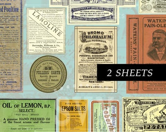 Può includere: Un collage di etichette di prodotti vintage in vari colori, tra cui blu, verde e giallo. Le etichette presentano testo e illustrazioni per articoli come olio di eucalipto, amido e sali di Epsom. Le parole "2 SHEETS" sono visibili.