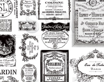 19 Etiquetas de perfumes franceses antiguos - 19 diseños diferentes - 2 hojas de collage digital A4 - Descarga instantánea