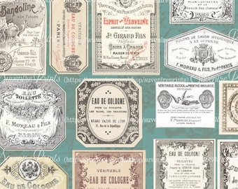 0199 Vintage Perfume Labels - French Vintage Style - 5 pages A4 - 39 labels - Digital collage sheet - Instant Download -