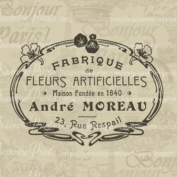 0194 French Sign - Fabrique Fleurs Artificielles - Vintage Style - For Transfer - For Fabric - Napkin - Burlap - Png - Jpeg