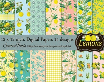 0214 Lemons Papers - Vintage Style - 12 x 12 inch. - 14 digital Papers - Instant Download - Digital Scrapbook