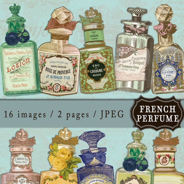 0209 Vintage Perfume Bottles - French Vintage Style - 2 A4 - 16 elements - Digital collage sheet - Instant Download -