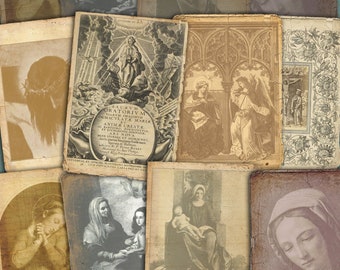 0196 Tarjetas Sagradas Vintage - Virgen María y Jesús - 8 diseños diferentes - 1 Hoja de Collage Digital de Tarjetas ATC Imprimible