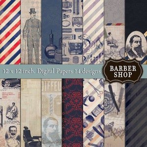 Pode incluir: Um conjunto de 14 papéis digitais com ilustrações e padrões vintage de barbearia. Os papéis incluem imagens de navalhas, tesouras, pincéis de barbear e outras ferramentas de barbearia. Os papéis são de várias cores, incluindo vermelho, azul e branco. Os papéis medem 30,48 cm por 30,48 cm.