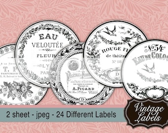 0229 Shabby Chic Labels - 24 Circles - 2,5 x 2,5 inch - Digital Circle image - Digital Collage Sheet - Instant Download - For Scrapbooking