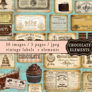 0213 Vintage Chocolate Ephemera - Labels & elements - French Vintage Style - 3 A4 - 30 ELEMENTS - Digital collage sheet - Instant Download -