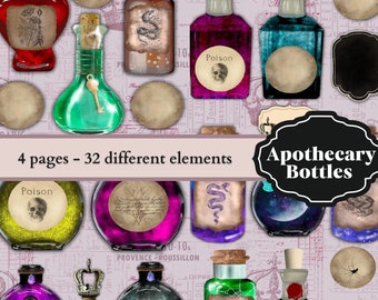 0242 Apothecary Bottles - 4 pages - A4 - 32 elements - Digital collage sheet - Instant Download -