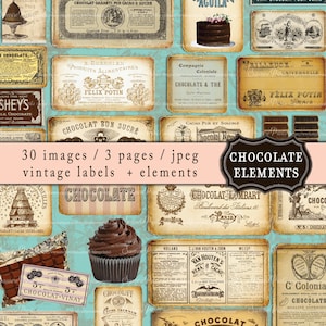 0213 Vintage Chocolate Ephemera - Etiquetas e elementos - Estilo Vintage Francês - 3 A4 - 30 ELEMENTOS - Folha de colagem digital - Download instantâneo -