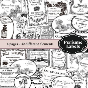 May include: A collection of vintage perfume labels in black and white. The labels feature various designs, including floral motifs, ornate lettering, and illustrations of perfume bottles. The labels are arranged in a collage format, with some overlapping. The text on the labels includes the names of perfume brands, such as "Ed. Pinaud" and "Savonnerie Parfumerie Moderne", as well as descriptions of the perfumes, such as "Impalpable Violette" and "Eau de Cologne".