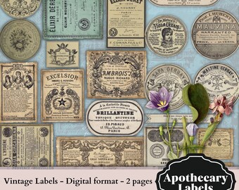 0147 - 31 Etiquetas de boticario vintage - 2 A4 - Hoja de collage digital - Descarga instantánea