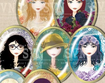 Young girls portrait - Illustration -30 x 40 mm - Digital Oval image - digital collage sheet - Instant Download - jewelry, scrapbook  etc..