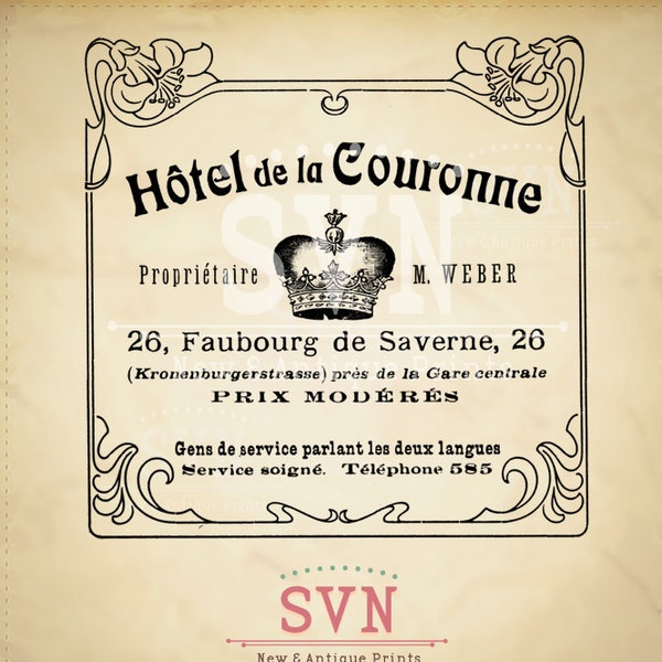 Digital French advertising Hotel de la Couronne - Download sheet For fabric gift tag burlap label napkin pillow