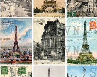 Paris Postcards -18 differents vintage postals of the city - Printable ATC Cards Digital Collage Sheet