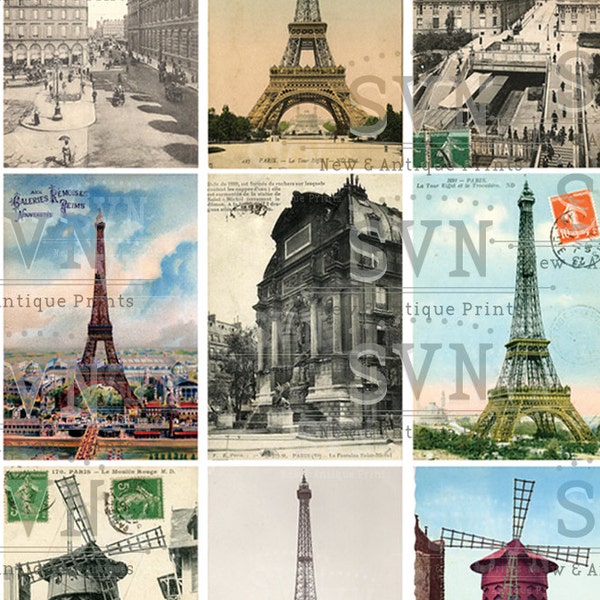 Paris Postcards -18 differents vintage postals of the city - Printable ATC Cards Digital Collage Sheet