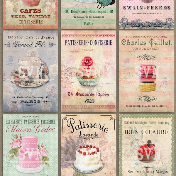 Pâtisserie Paris | Shabby Chic Style | Télécharger fiche Collage numérique |  Pour postals, Etiquettes cadeaux, scrapbooking, invitations, cartes, etc...