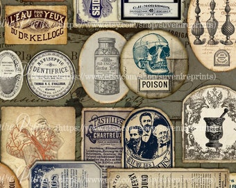 0169 Vintage Apothecary Labels - Etiquetas médicas - 3 A4 - 33 etiquetas - Hoja de collage digital - Descarga instantánea -