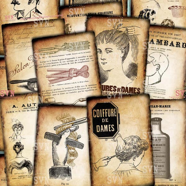 Old Style Coiffeur -  Hair Stylist  - different Articles - 18 different designs - 2 Printable ATC Cards Digital Collage Sheet