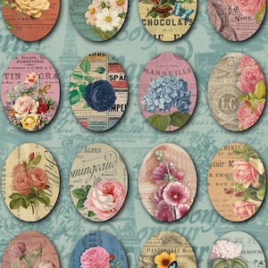 Set of 30 flowers + vintage background Ovals - 30 x 40 mm - Digital Oval image - digital collage sheet - Instant Download