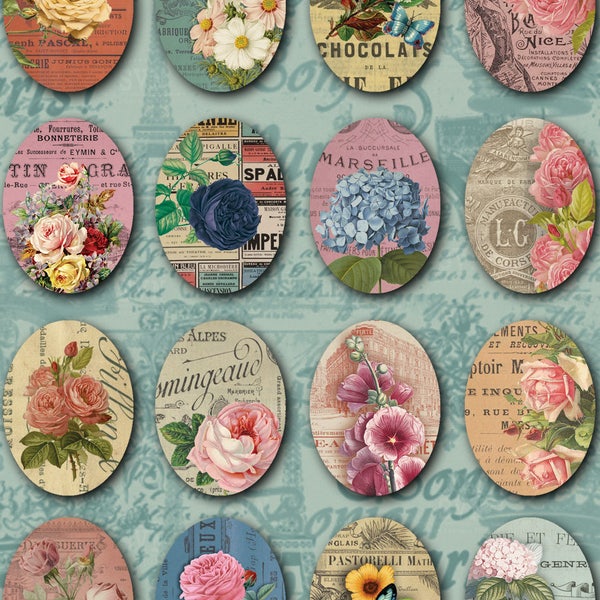 Set of 30 flowers + vintage background Ovals - 30 x 40 mm - Digital Oval image - digital collage sheet - Instant Download