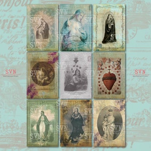 Holy Cards - Virgin Mary and Jesus - 9 different designs - 1 Printable ATC Cards Digital Collage Sheet