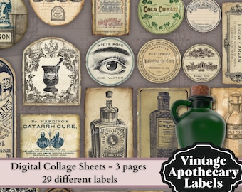 Könnte beinhalten: Ein digitales Collage-Blatt mit 29 Vintage-Apotheken-Etiketten. Die Etiketten zeigen Illustrationen von Flaschen, Gläsern und anderen Apothekenartikeln sowie Text wie "White Rose", "Eye Water", "Dr. Harding's Catarrh Cure" und "Mercurial Ointment".