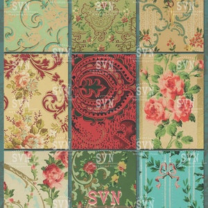 Vintage-Tapete - 9 verschiedene Designs - 1 druckbare ATC Karten Digital Collage Blatt