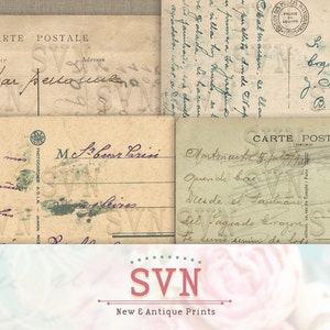 May include: A collection of vintage postcards with handwritten messages in French and Spanish. The postcards are faded and worn, with some showing signs of age and use. The postcards feature a variety of designs, including a stamp from the Palais du Louvre in Paris, France.