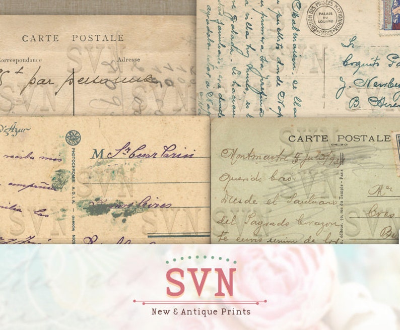 May include: A collection of vintage postcards with handwritten messages in French and Spanish. The postcards are faded and worn, with some showing signs of age and use. The postcards feature a variety of designs, including a stamp from the Palais du Louvre in Paris, France.