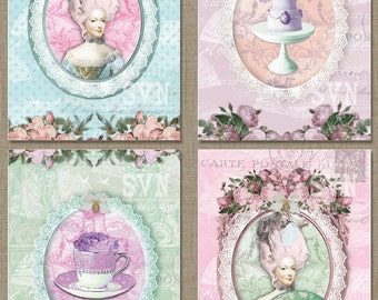 Tea Party Marie Antoinette Digital Collage Sheet Download |  For postals, gift tags, scrapbooking, invitations, cards etc...