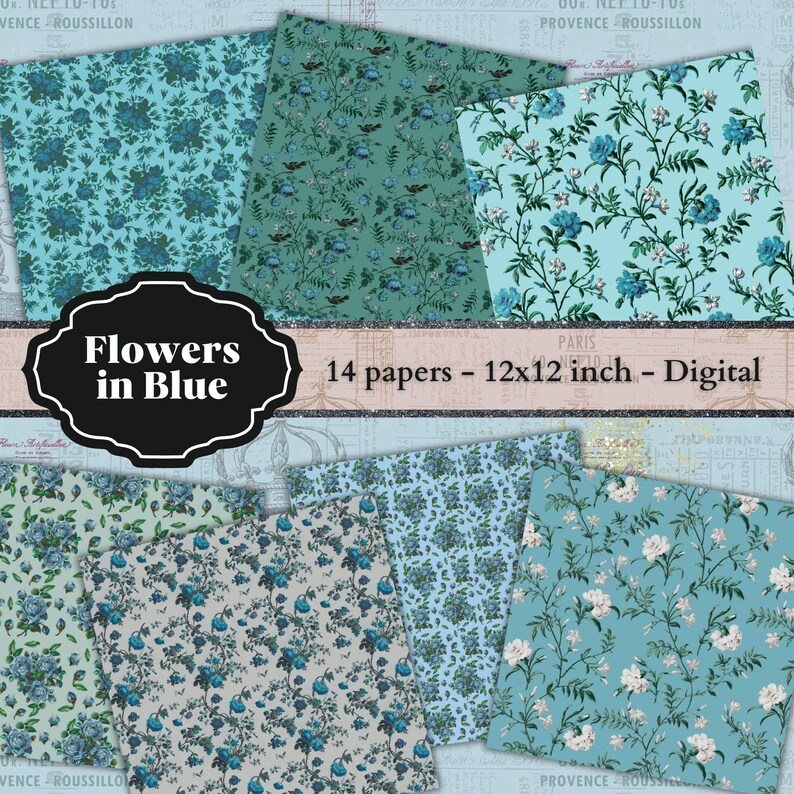 0220 Flowers in Blue - 12 x 12 inch. - 14 digital Papers - Instant Download - Digital Scrapbook - image 2