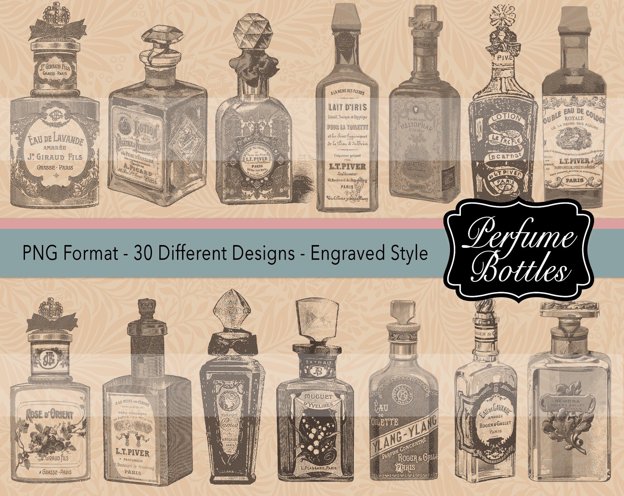 0225 Frascos de Perfume GRABADOS - Clip Art - PNG - 30 Elementos Diferentes  - Imagen digital para descargar imprimible, image size:2001x1591