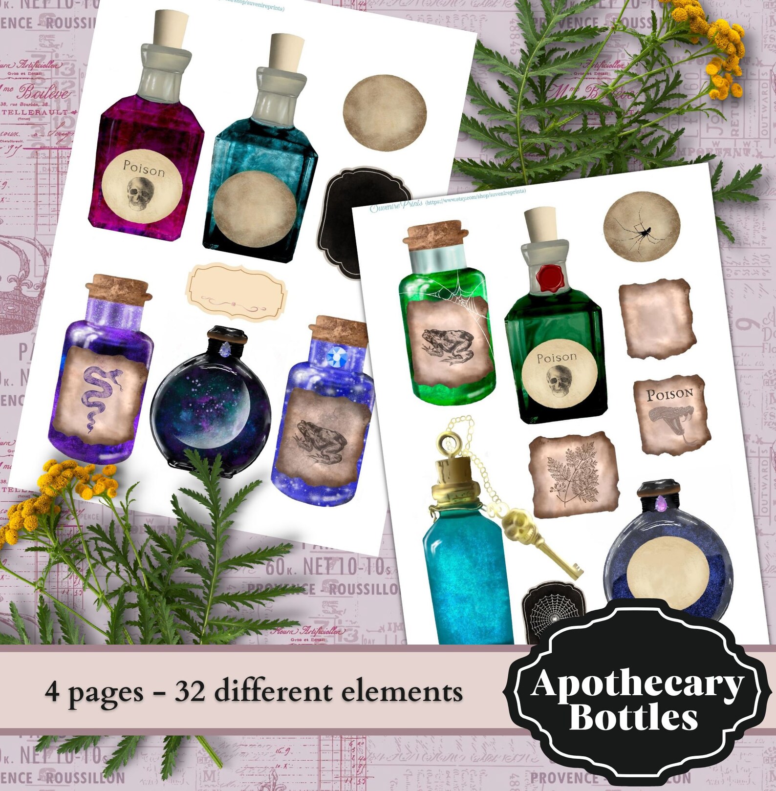 Apothecary Bottles 4 Pages A4 32 Elements Digital Etsy