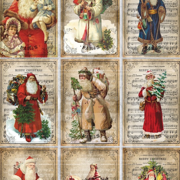 0145 - 9 Vintage Santa Claus - 9 Printable ATC Cards Digital Collage Sheet - Great for Scrapbooking