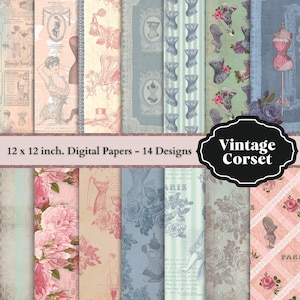 0197 French Corset Papers - Vintage Style -  12 x 12 inch. - 14 digital Papers - Instant Download - Digital Scrapbook -