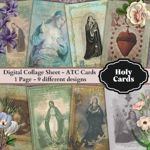 Holy Cards - Virgin Mary and Jesus - 9 different designs - 1 Printable ATC Cards Digital Collage Sheet