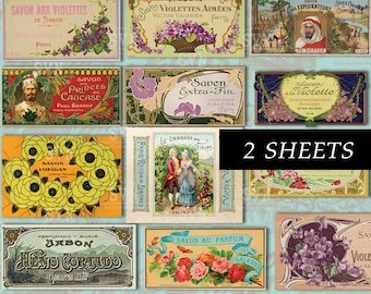 23 vintage tvåletiketter - 2 A4 - Digitalt collageark - Direkt nedladdning -