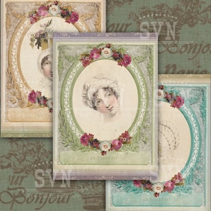 May include: Four vintage style printable images with ornate frames and floral accents. Each image features a woman in a white bonnet and a text overlay that reads "LE PORTRAIT".