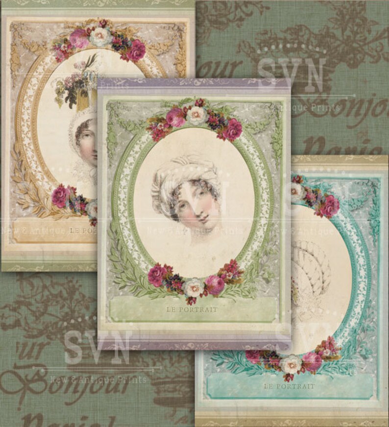 May include: Four vintage style printable images with ornate frames and floral accents. Each image features a woman in a white bonnet and a text overlay that reads "LE PORTRAIT".