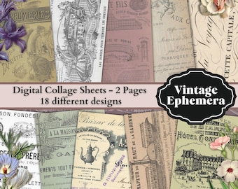 French Ephemera - 18 Printable ATC Cards / ACEO Cards -  Digital Collage Sheet - For Scrapbooking...