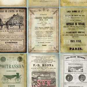 Anuncios antiguos franceses - 9 diseños diferentes - 1 hoja para imprimir en tarjeta s  ATC tipo carta o naipe -