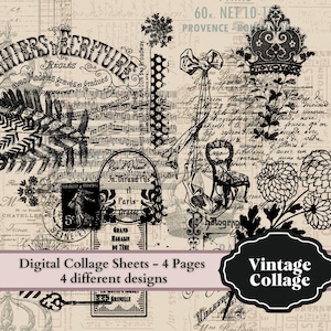 Peut inclure: Quatre feuilles de collages numériques avec des motifs vintage. Chaque feuille présente des images en noir et blanc de texte, de notes de musique, de fleurs et d'autres éléments décoratifs. Le texte sur les feuilles comprend "HIERS DECRITURE", "RÉGLÉS", "PROVENCE" et "GRAND MAGASIN DU ZEME".