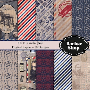 0216 Kapperszaakpapier - 8 x 11,5 inch. - Vintage stijl - 8 digitale papers - Direct downloaden - Digitaal plakboek