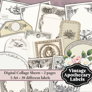 0228 Vintage Apothecary Labels - 4 A4 - 39 different labels - Digital collage sheet - Instant Download -