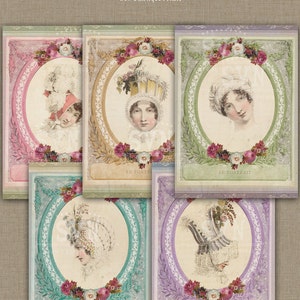 May include: Set of five vintage illustrations of women wearing elaborate hats. Each illustration is framed with a decorative border and floral accents. The illustrations are in shades of pink, green, blue, and purple.