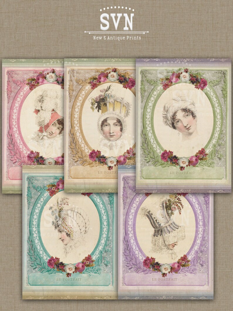 May include: Set of five vintage illustrations of women wearing elaborate hats. Each illustration is framed with a decorative border and floral accents. The illustrations are in shades of pink, green, blue, and purple.