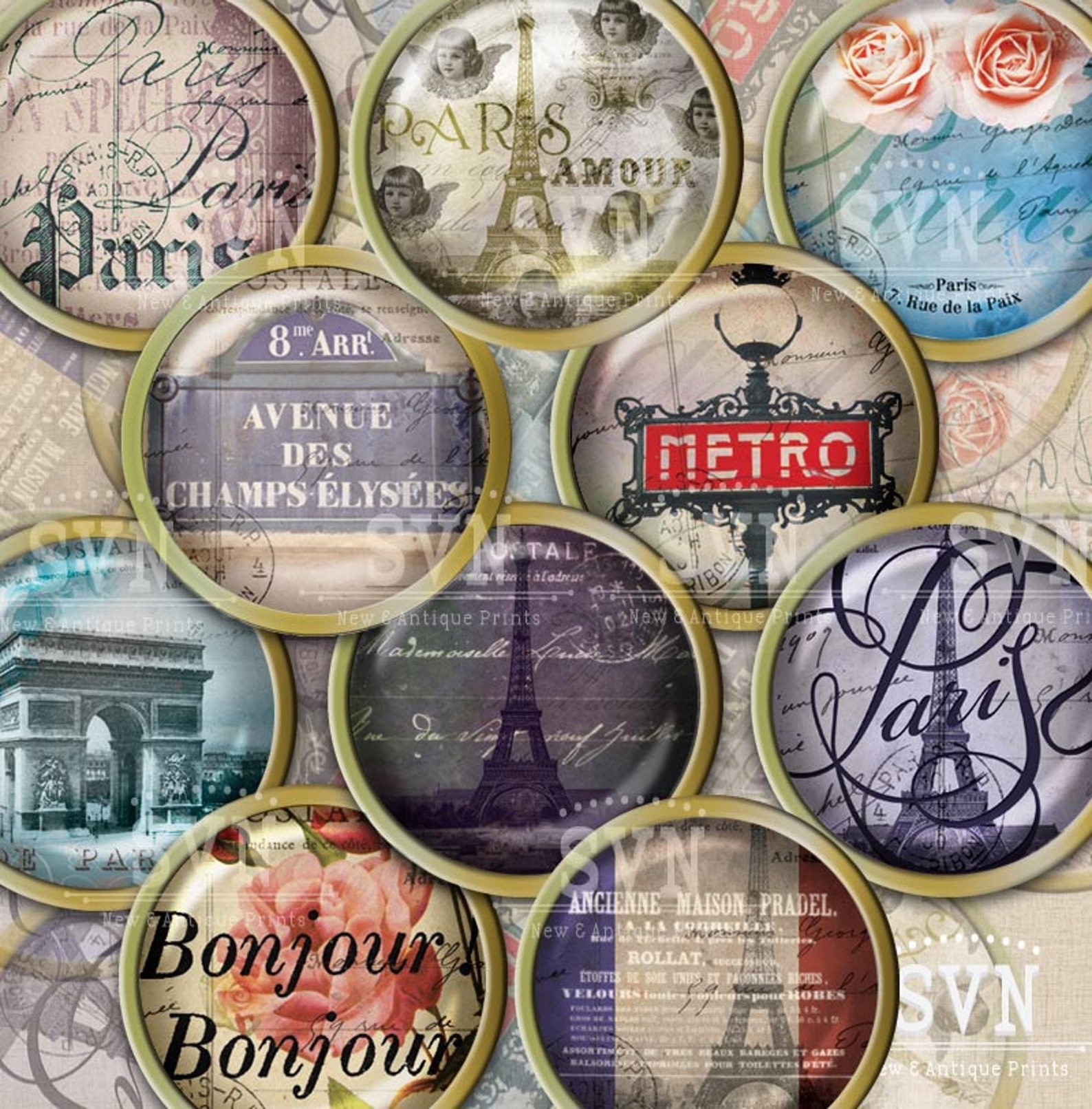 Paris - 1 Inch Circles - Digital Collage Sheet - Instant Download ...