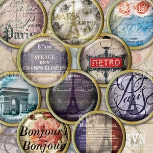 Paris - 1 inch circles - digital collage sheet - Instant Download - jewelry, cupcake toppers etc..