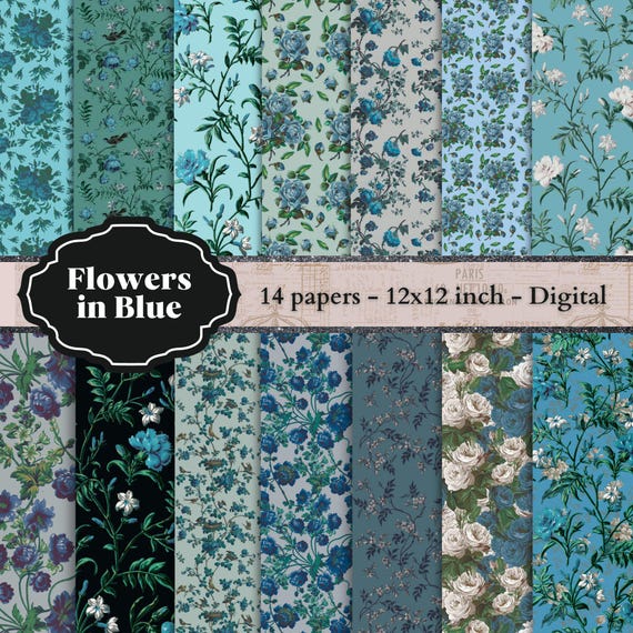 0220 Flowers in Blue - 12 x 12 inch. - 14 digital Papers - Instant Download - Digital Scrapbook -